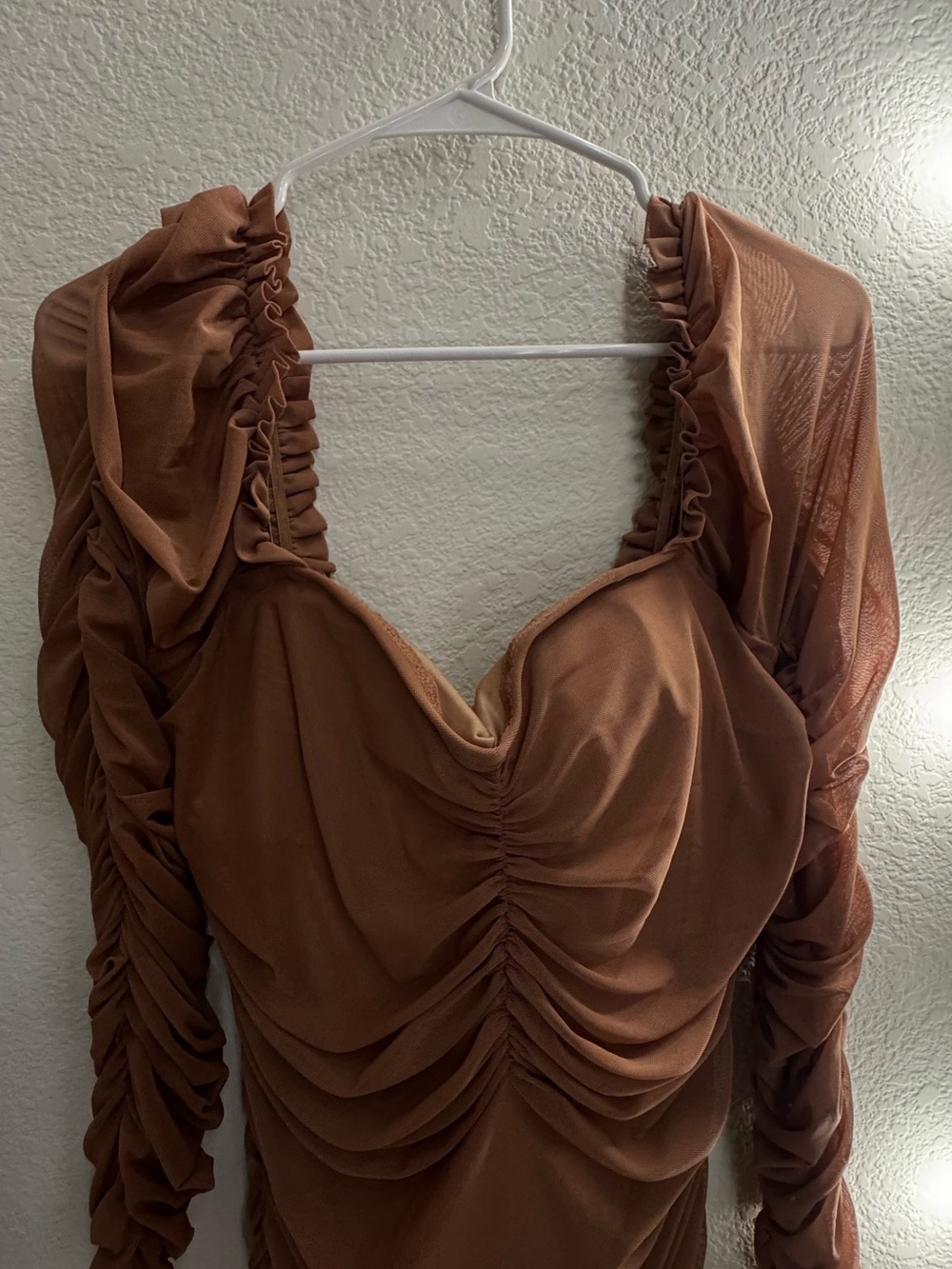 Fashion Nova Ruched Brown Long Sleeve Sweetheart Dress
